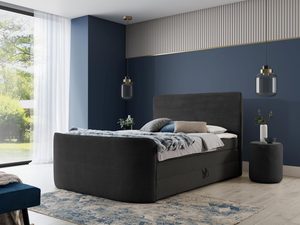Miniaturka 13 - Czarne łóżko w eleganckim pokoju z granatową ścianą