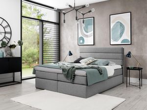 Miniaturka 6 - Łóżko tapicerowane w popielatym kolorze z prostym, minimalistycznym designem