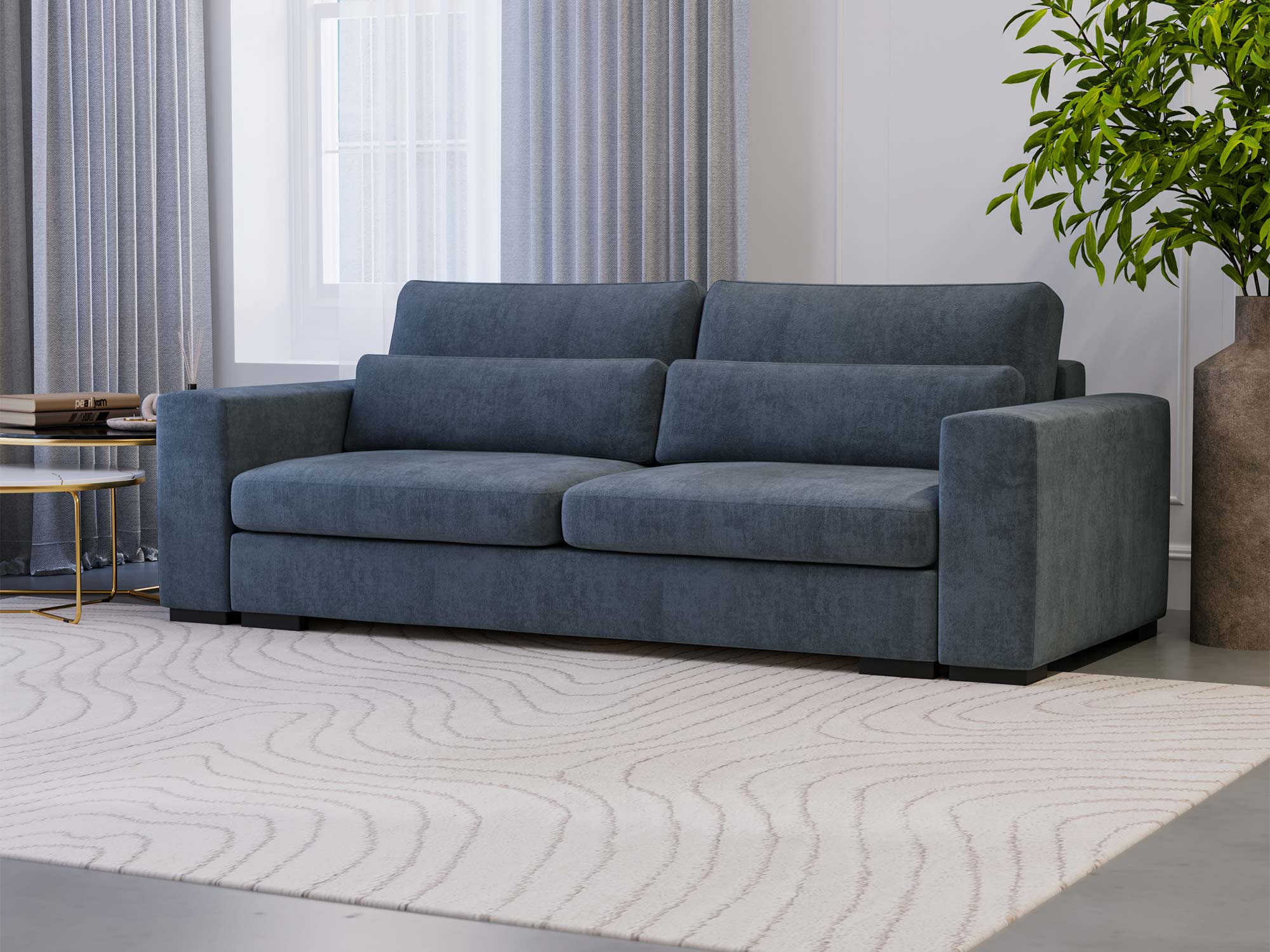 Sofa granatowa tapicerowana z funkcją relaksu w jasnym wnętrzu