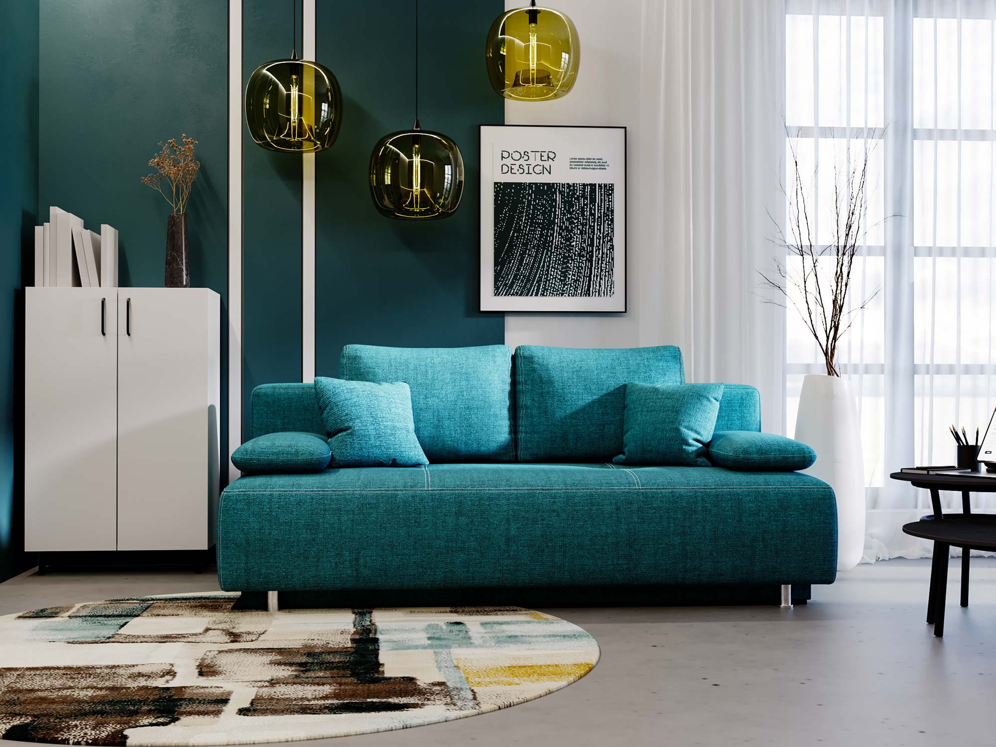 Turkusowa sofa z szerokimi podłokietnikami i poduszkami dekoracyjnymi