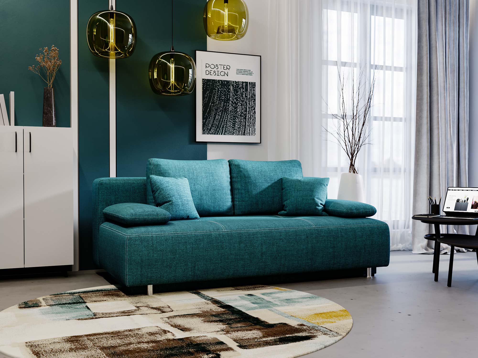 Sofa turkusowa tapicerowana z funkcją relaksu i grubymi poduchami