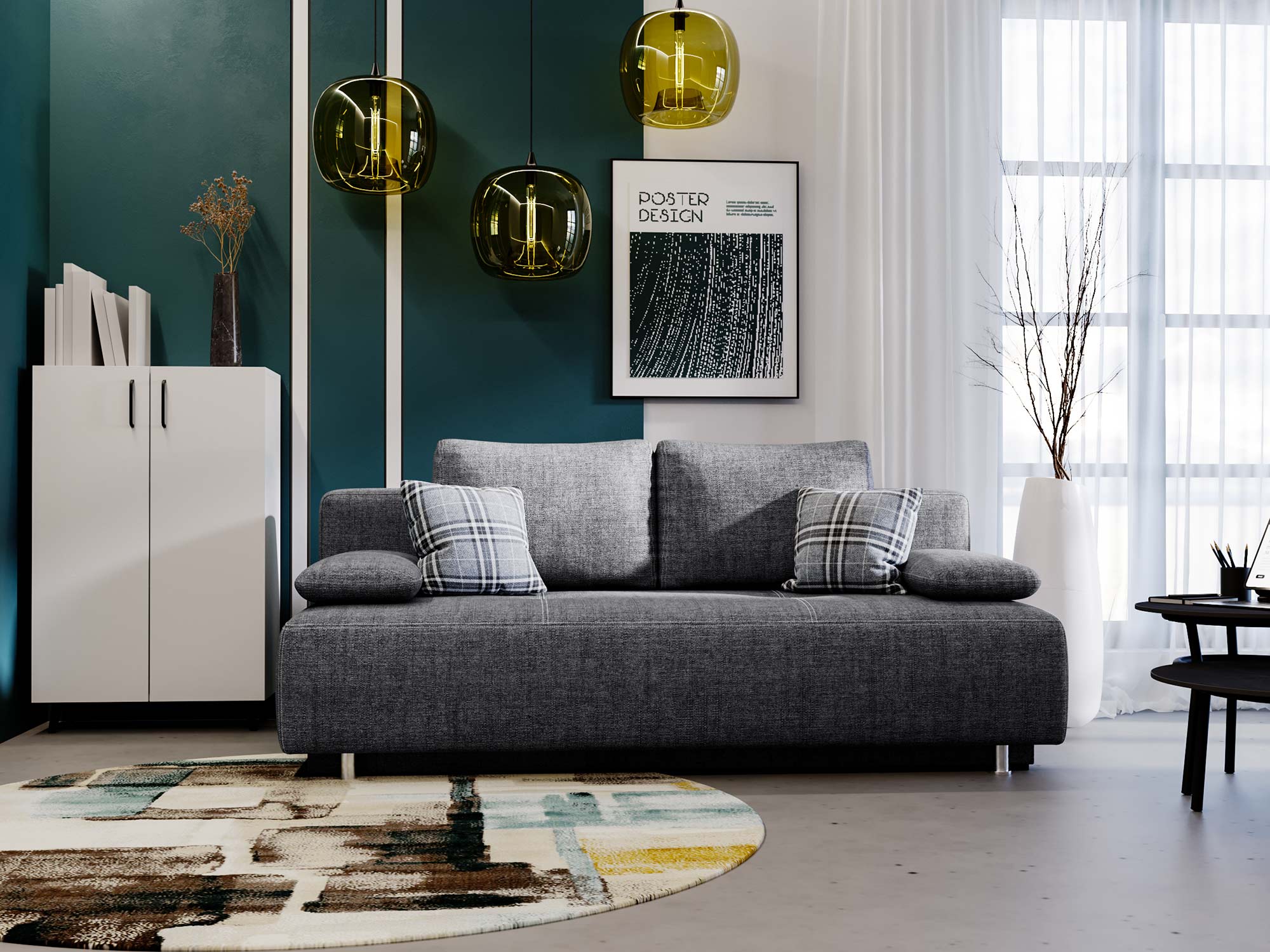 Szara sofa z grubym siedziskiem i dopasowanymi dekoracyjnymi poduszkami