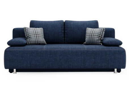 Granatowa sofa z poduchami ozdobnymi i miękkim wykończeniem