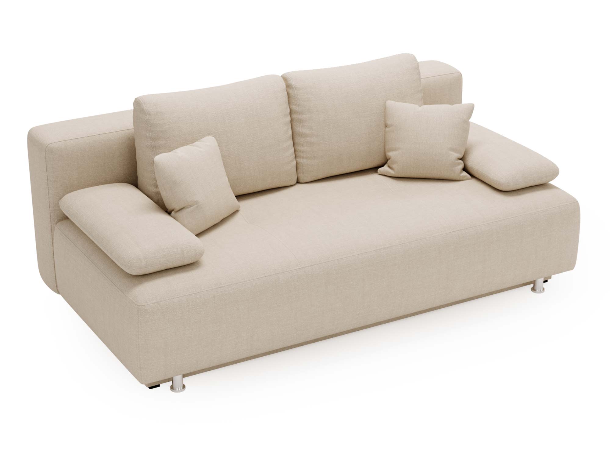 Beżowa sofa tapicerowana z prostym siedziskiem i bocznymi poduchami
