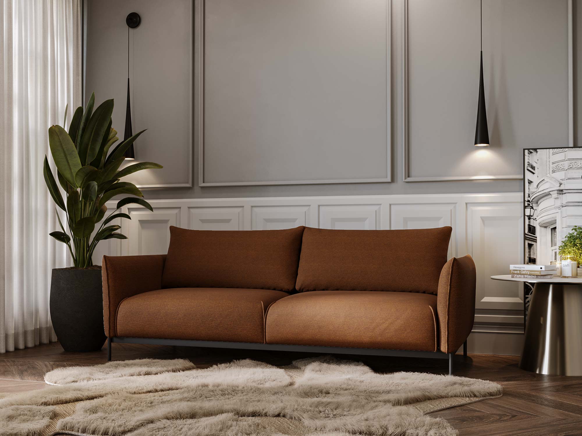 Trzyosobowa sofa nowoczesna w ceglastym kolorze z prostymi liniami