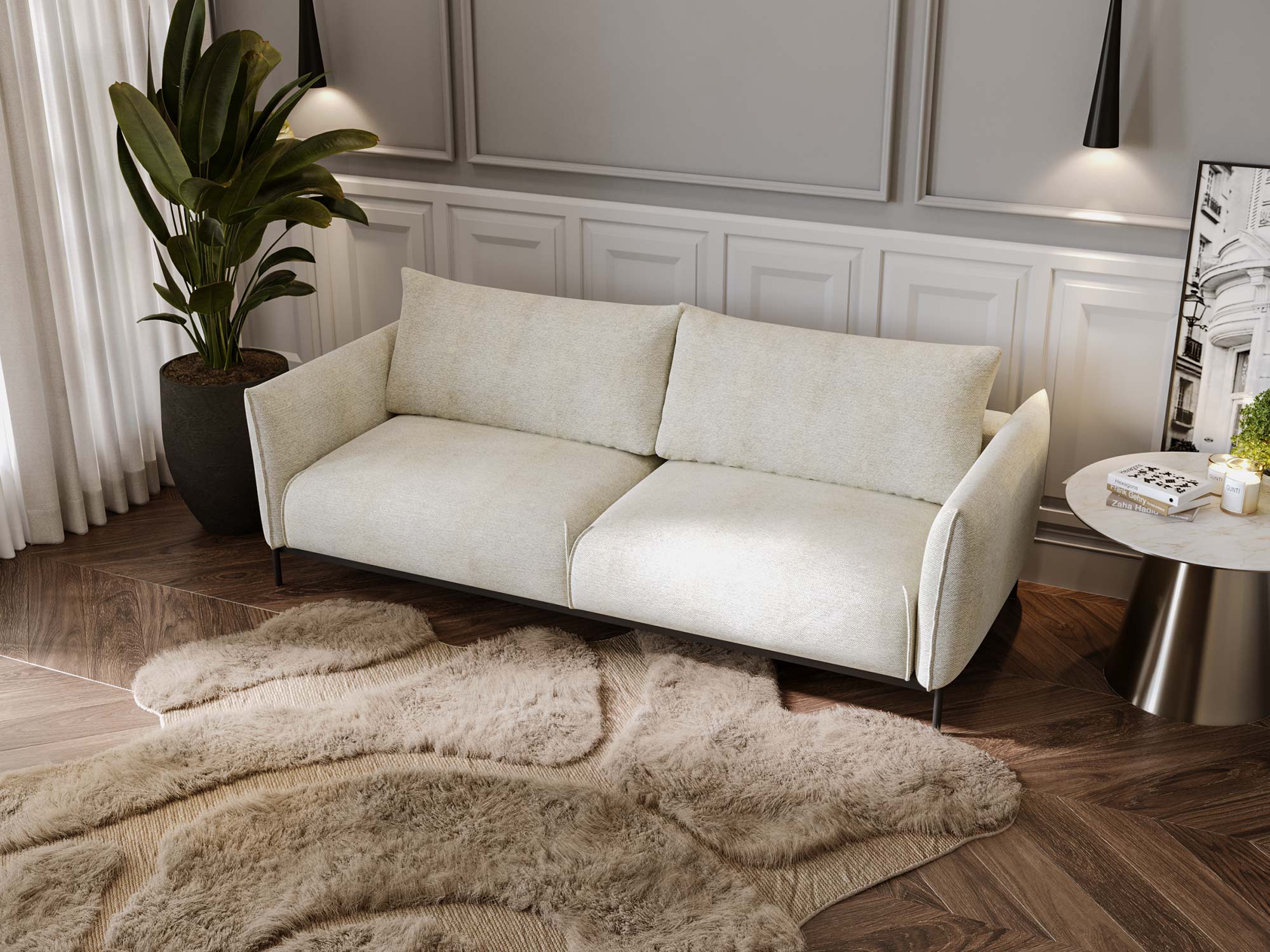 Skandynawska sofa kremowa dwuosobowa z tapicerowanym siedziskiem