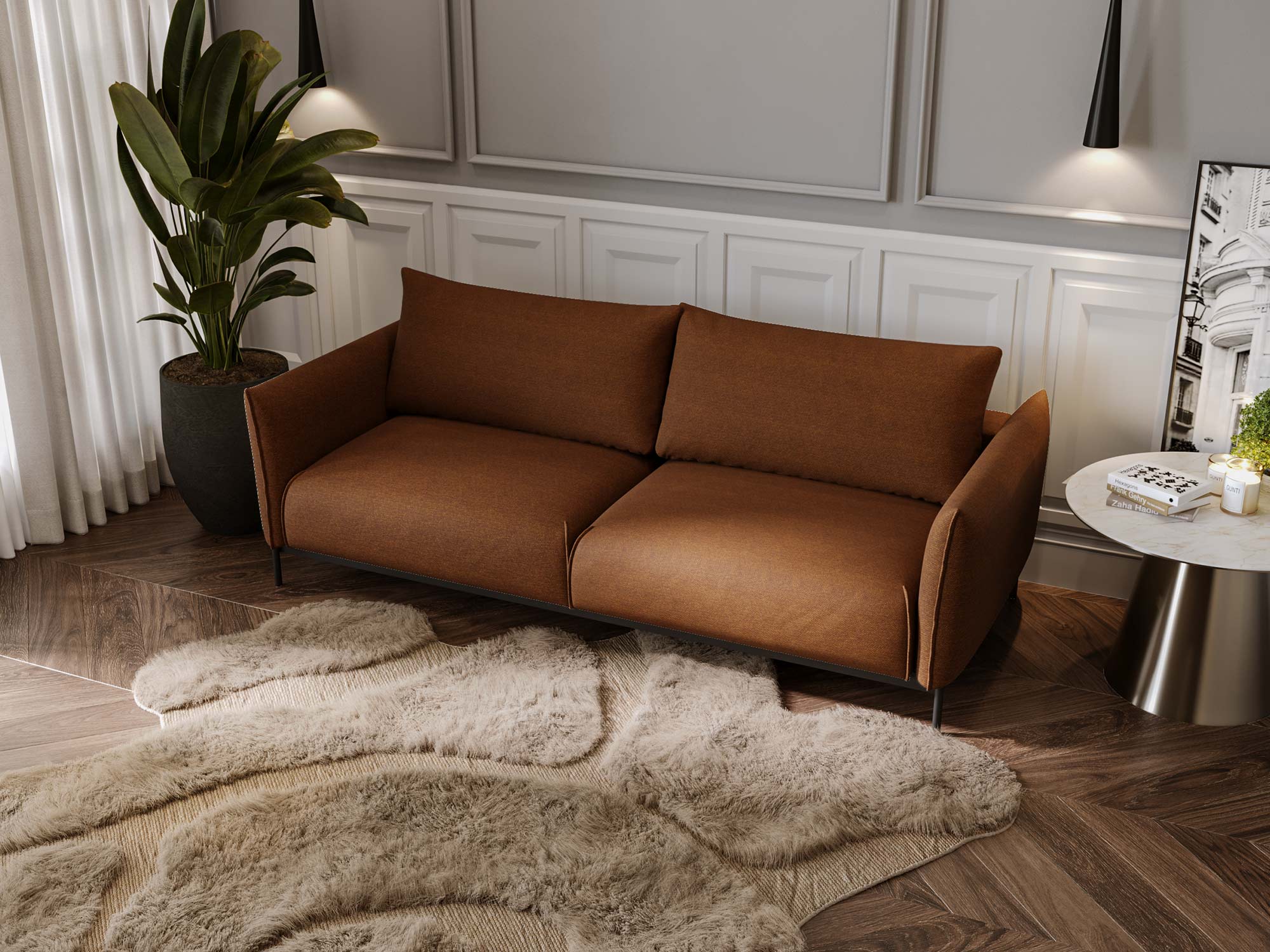 Nowoczesna sofa dwuosobowa w kolorze ceglastym do eleganckiego salonu