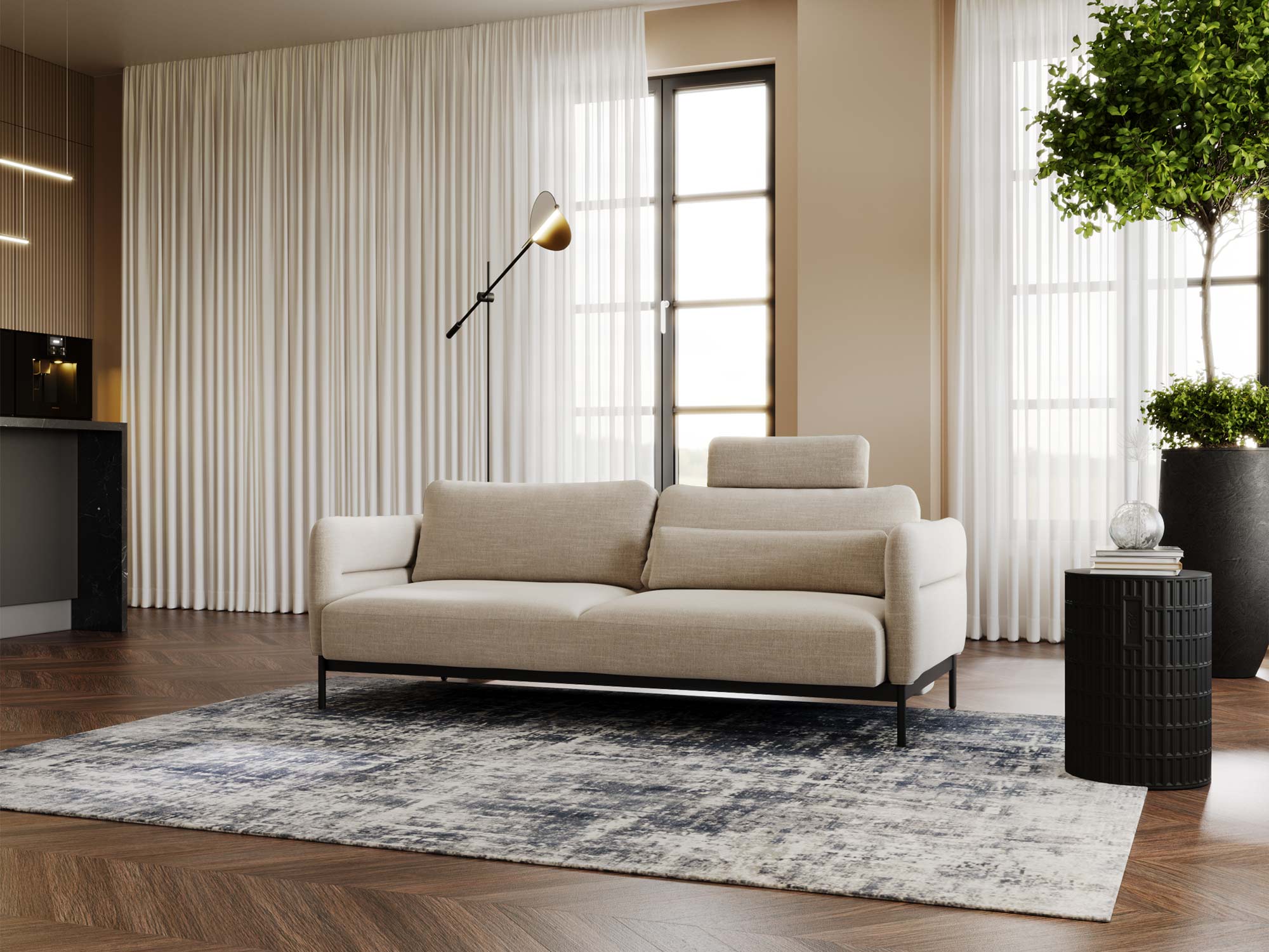 Sofa kremowa z tapicerką boucle i czarnymi nóżkami
