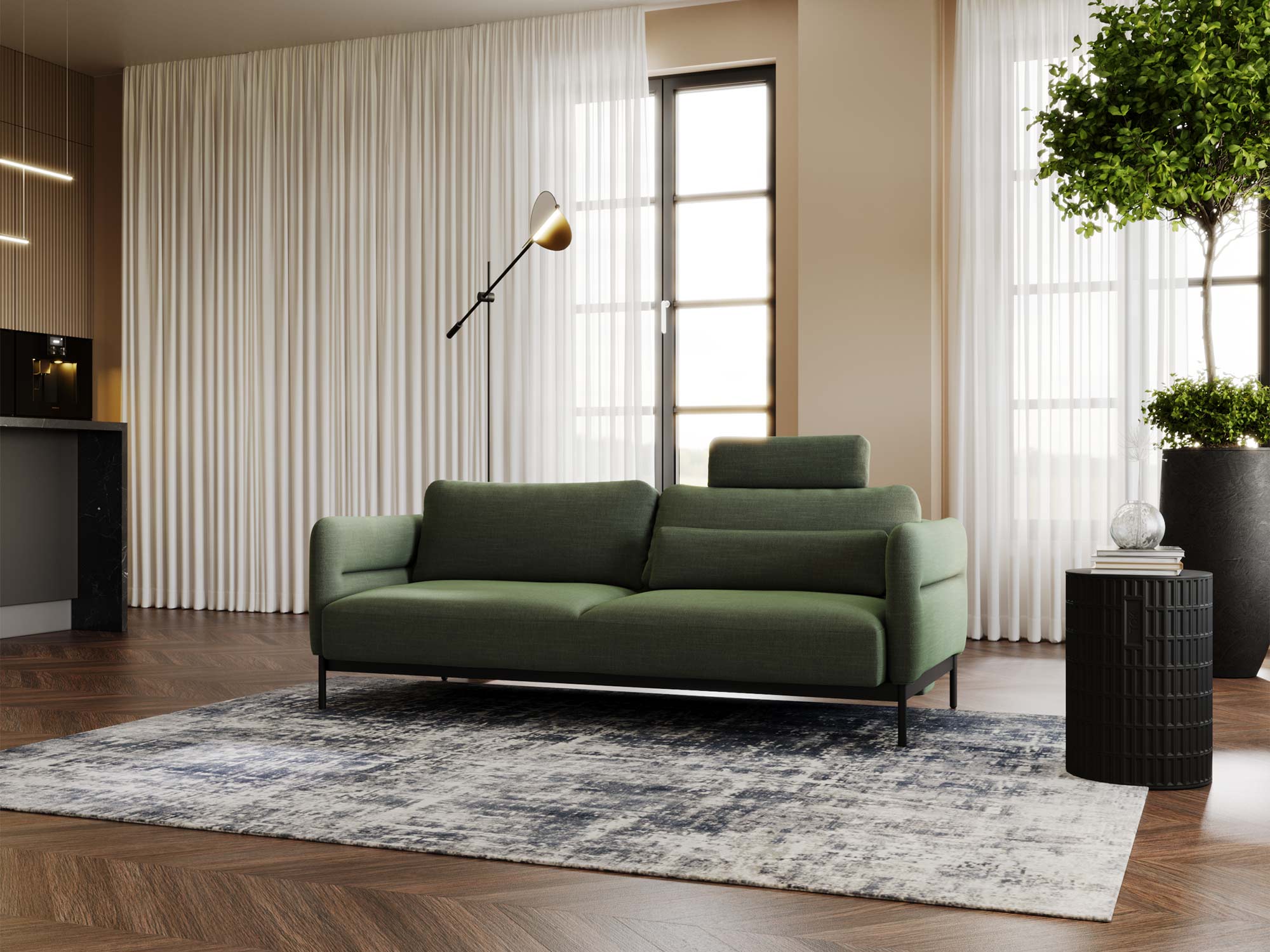 Sofa zielona tapicerowana w nowoczesnym salonie z zasłonami