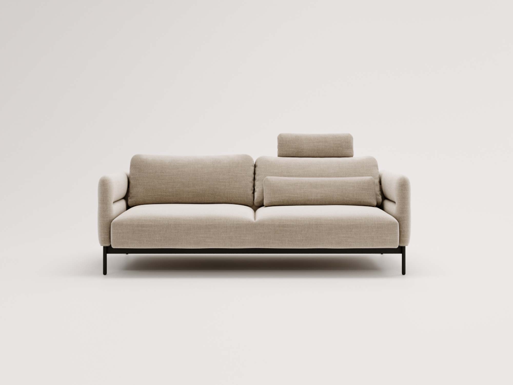 Sofa beżowa z regulowanym zagłówkiem i metalowymi nogami
