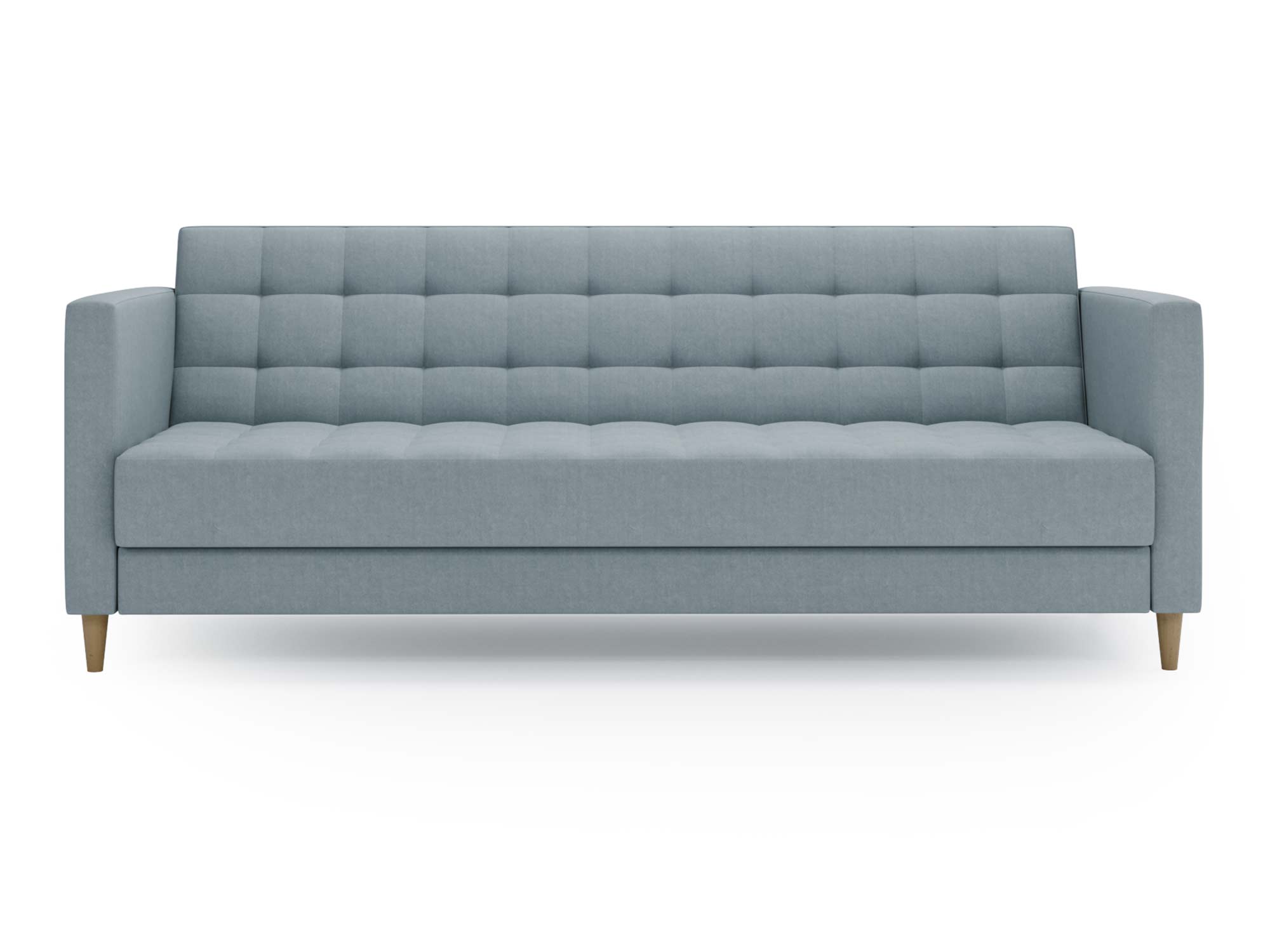 Sofa błękitna tapicerowana z przeszyciami i nowoczesnym kształtem