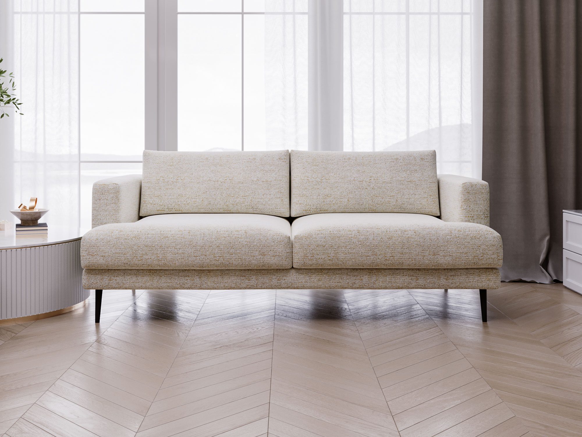 Sofa boucle ecru w aranżacji salonu z dużym oknem Sofa boucle ecru w aranżacji salonu z dużym oknem