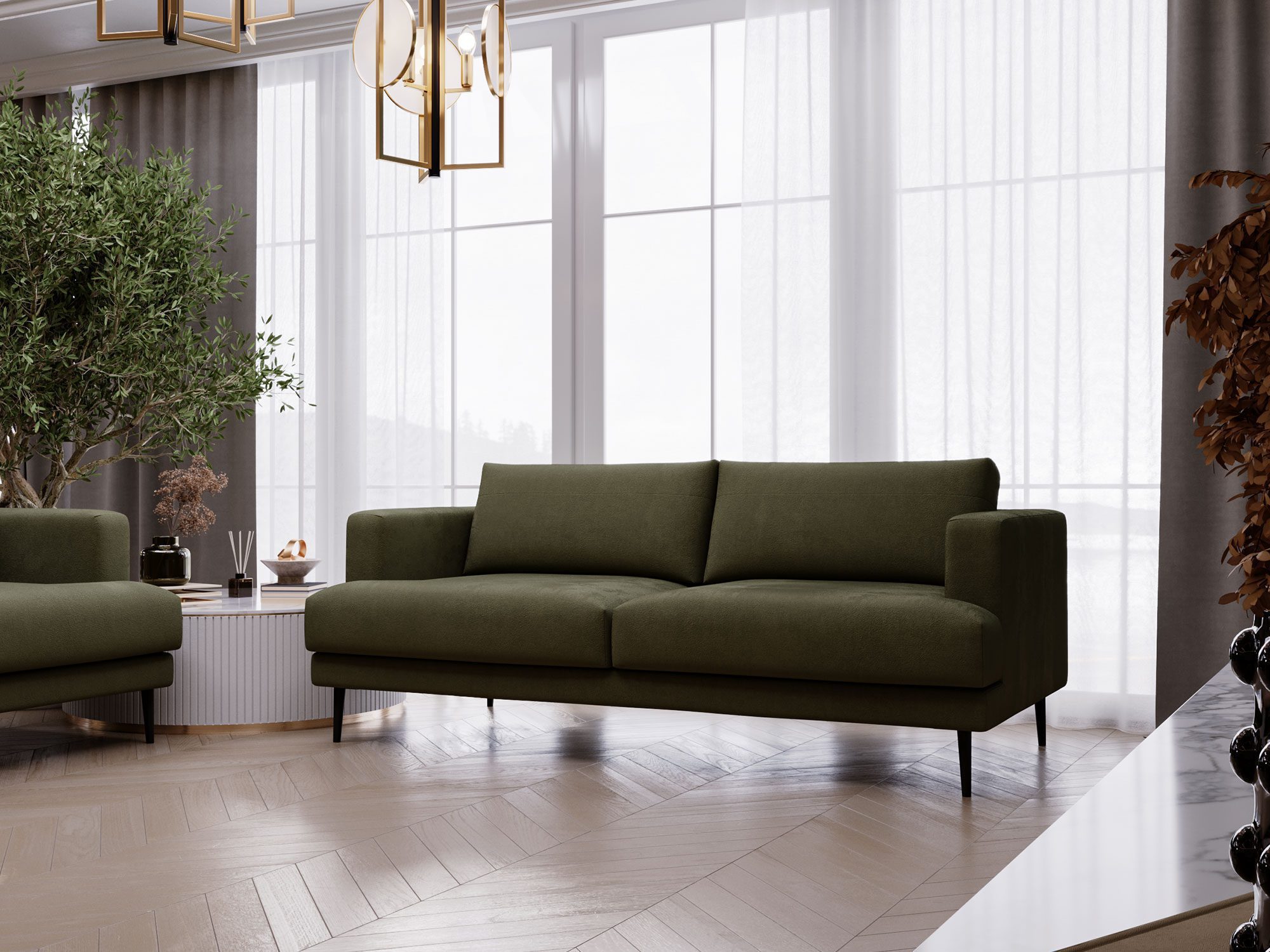 Sofa zielona w przestronnym salonie z naturalnym światłem Sofa zielona w przestronnym salonie z naturalnym światłem