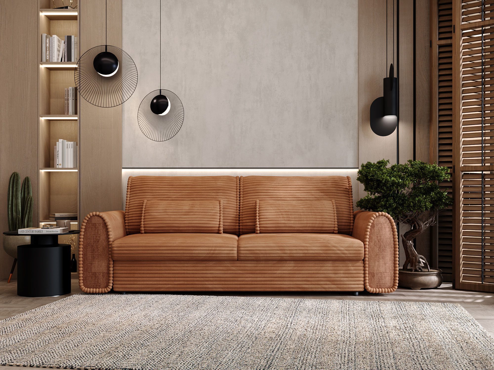 Sofa w kolorze rdzawym z ryflowaną fakturą i niskim oparciem Sofa w kolorze rdzawym z ryflowaną fakturą i niskim oparciem