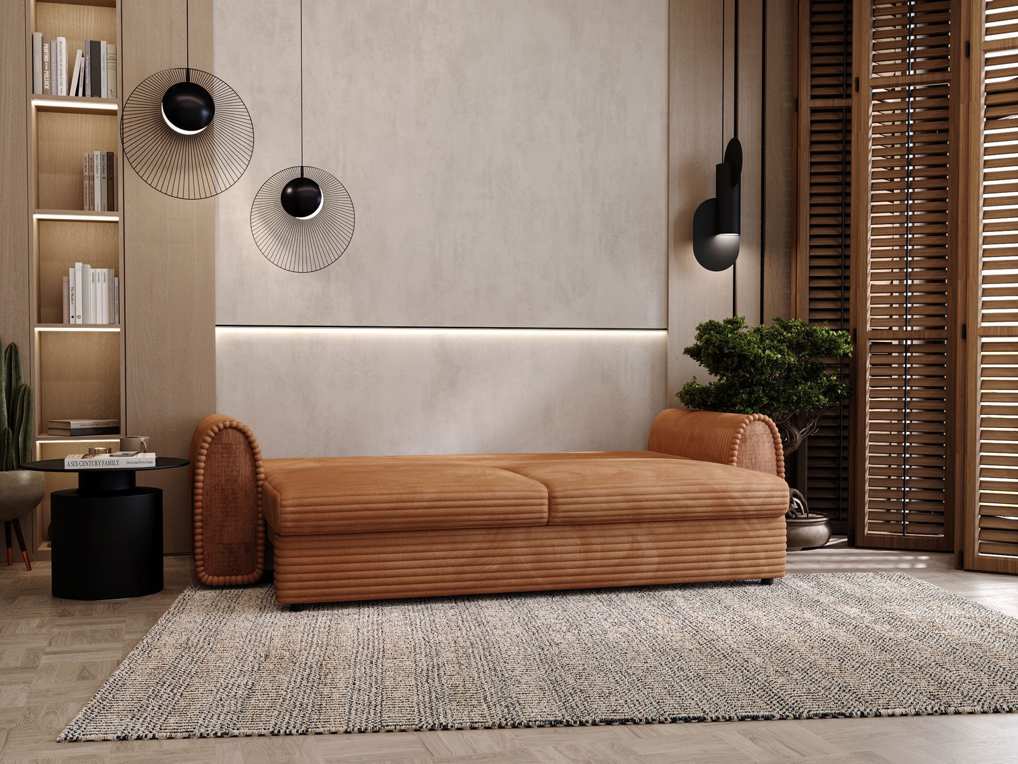 Rdzawa sofa rozkładana z funkcją spania w salonie Rdzawa sofa rozkładana z funkcją spania w salonie