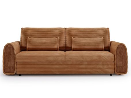 Rdzawa sofa z teksturą w prążki i prostym kształtem