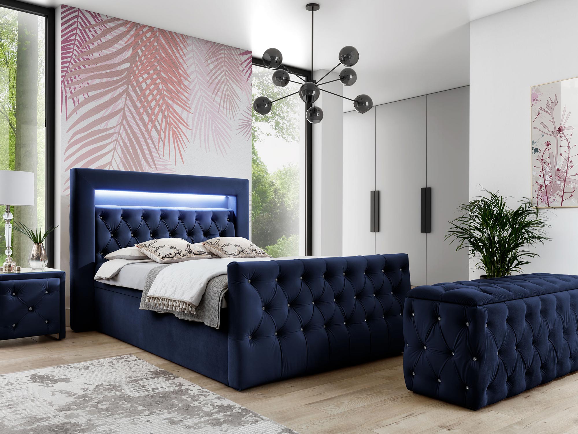 Granatowe łóżko z miękkim zagłówkiem i tapicerowanym podnóżkiem Granatowe łóżko z miękkim zagłówkiem i tapicerowanym podnóżkiem