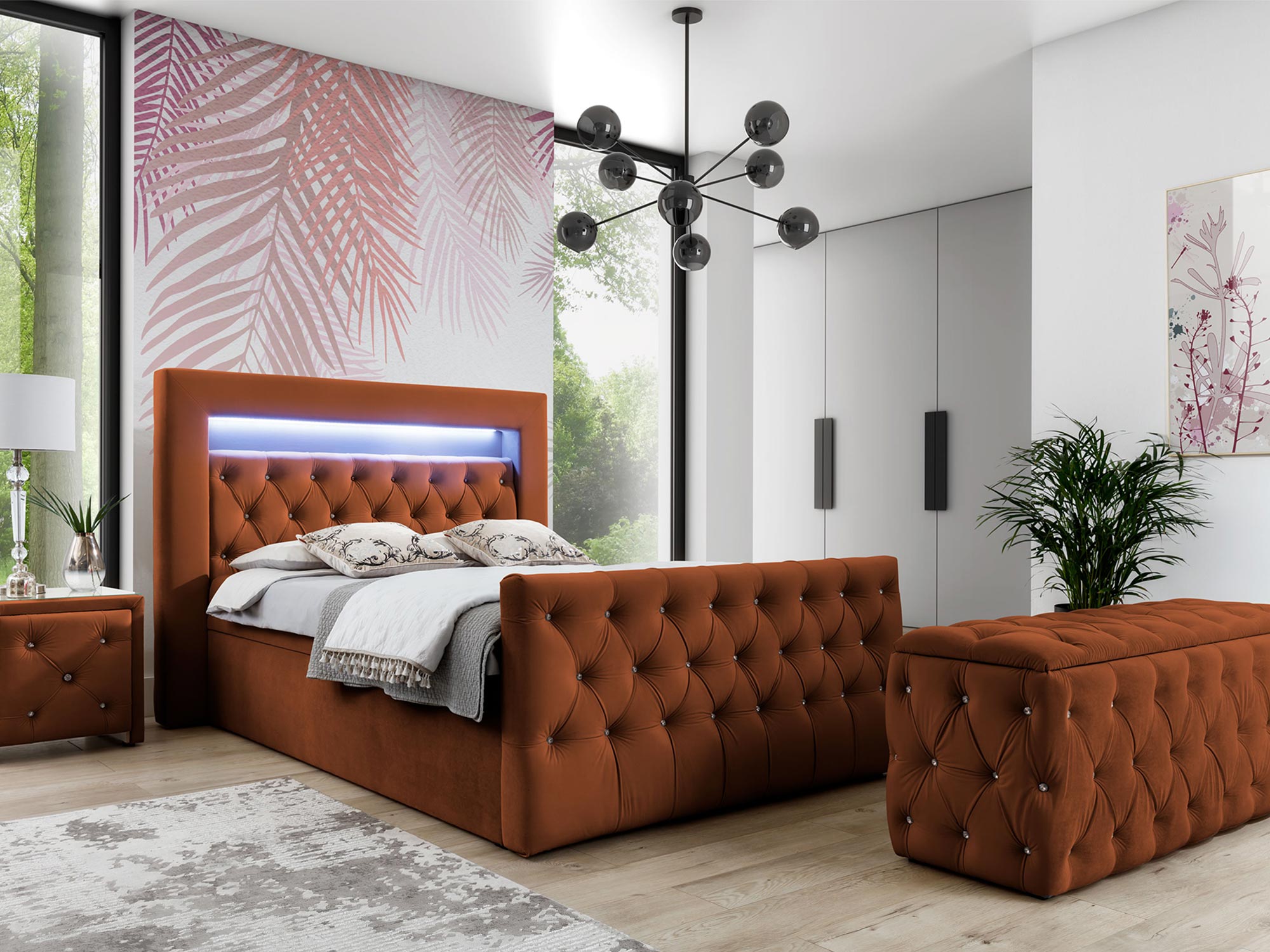 Rdzawoczerwone łóżko z dekoracyjnym zagłówkiem i LED Rdzawoczerwone łóżko z dekoracyjnym zagłówkiem i LED