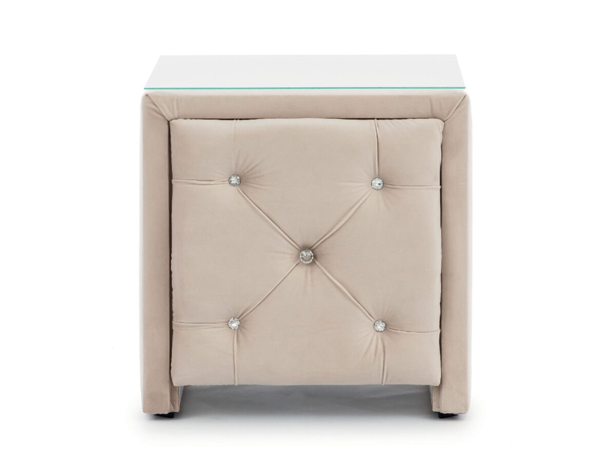 Gepolsterter Nachttisch beige mit Glasplatte PERA