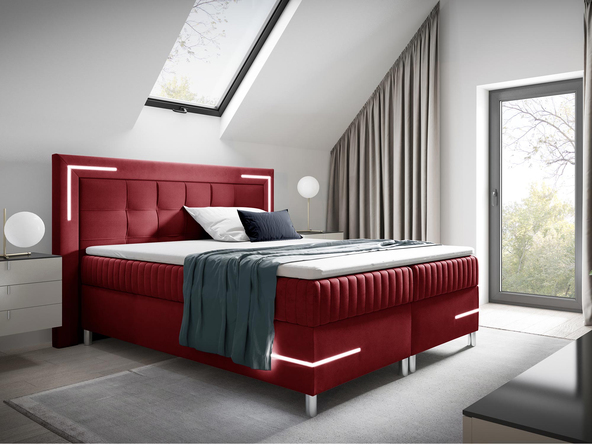 Nowoczesne łóżko tapicerowane w czerwonym kolorze z podświetleniem LED