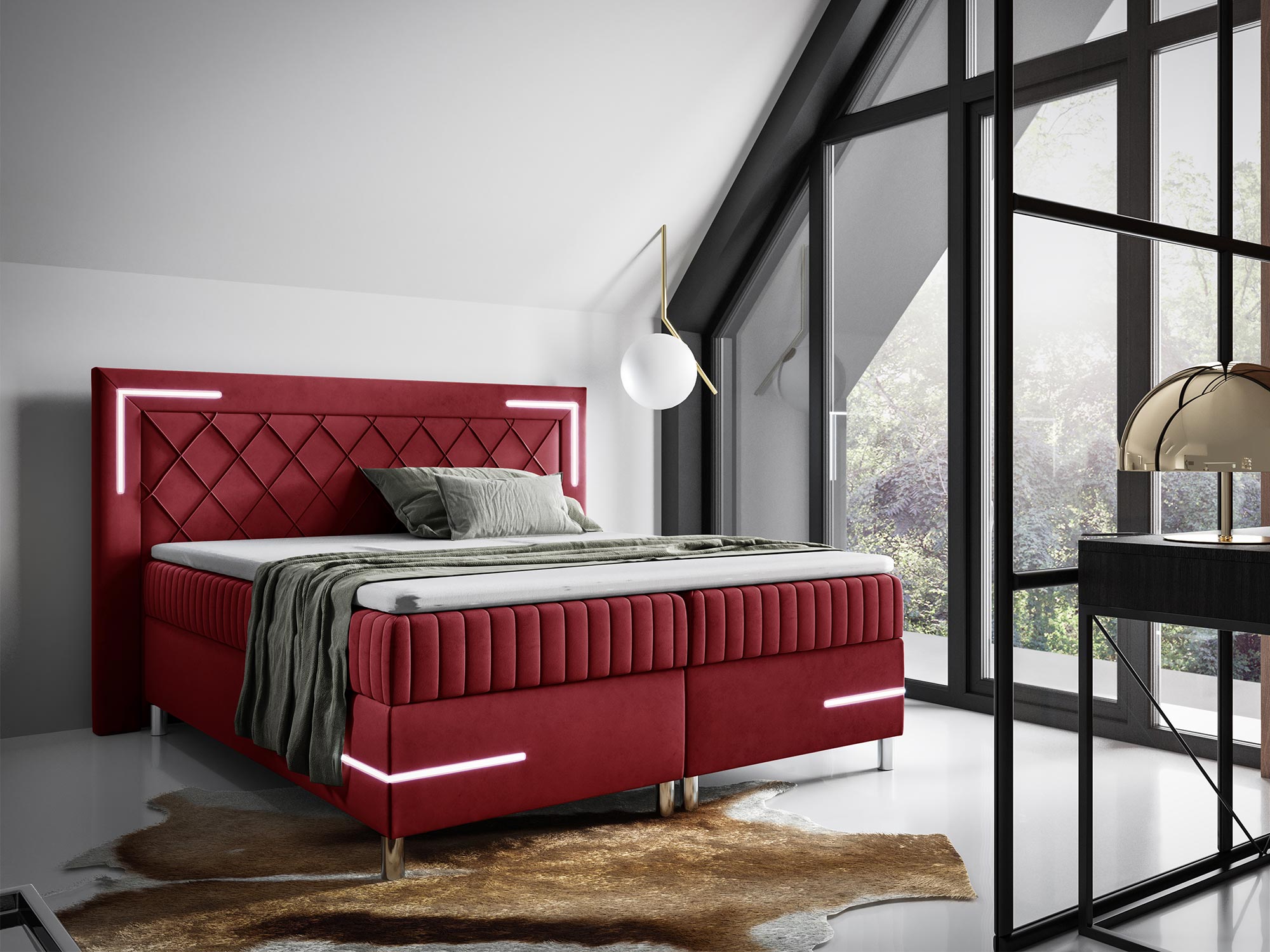 Łóżko tapicerowane w kolorze czerwonym z pikowanym zagłówkiem w aranżacji sypialni Łóżko tapicerowane w kolorze czerwonym z pikowanym zagłówkiem w aranżacji sypialni