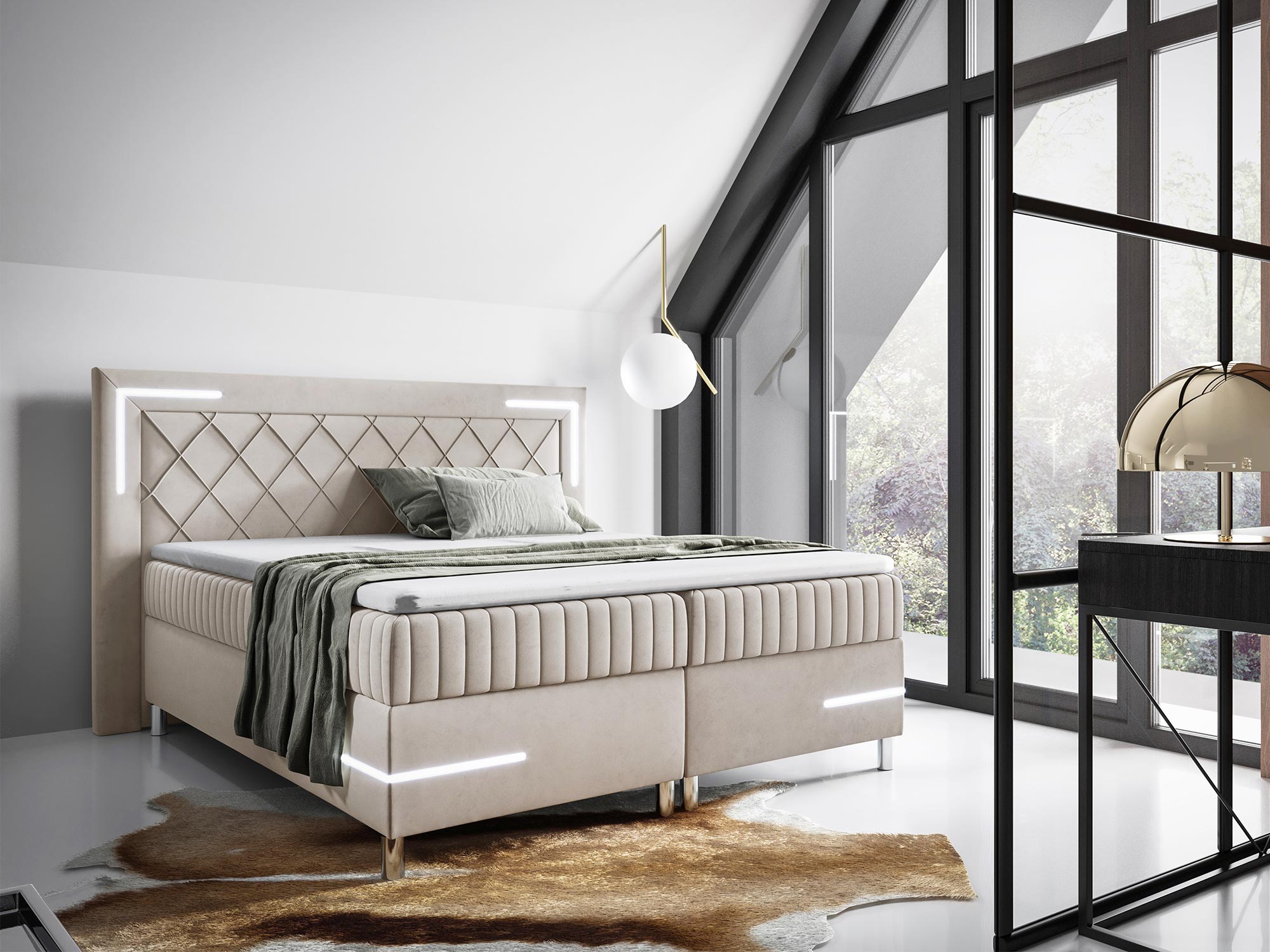 Nowoczesne łóżko tapicerowane w kolorze beżowym z podświetleniem LED do sypialni Nowoczesne łóżko tapicerowane w kolorze beżowym z podświetleniem LED do sypialni