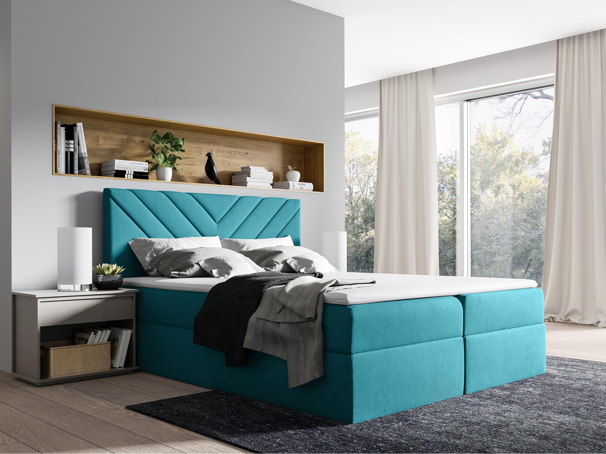 Turkusowe łóżko tapicerowane z wysokim zagłówkiem Turkusowe łóżko tapicerowane z wysokim zagłówkiem