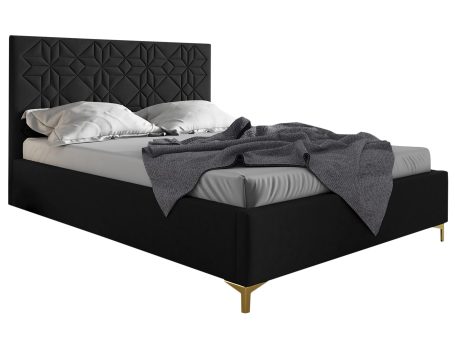 Czarne łóżko z dekoracyjnym geometrycznym pikowaniem i złotymi nóżkami