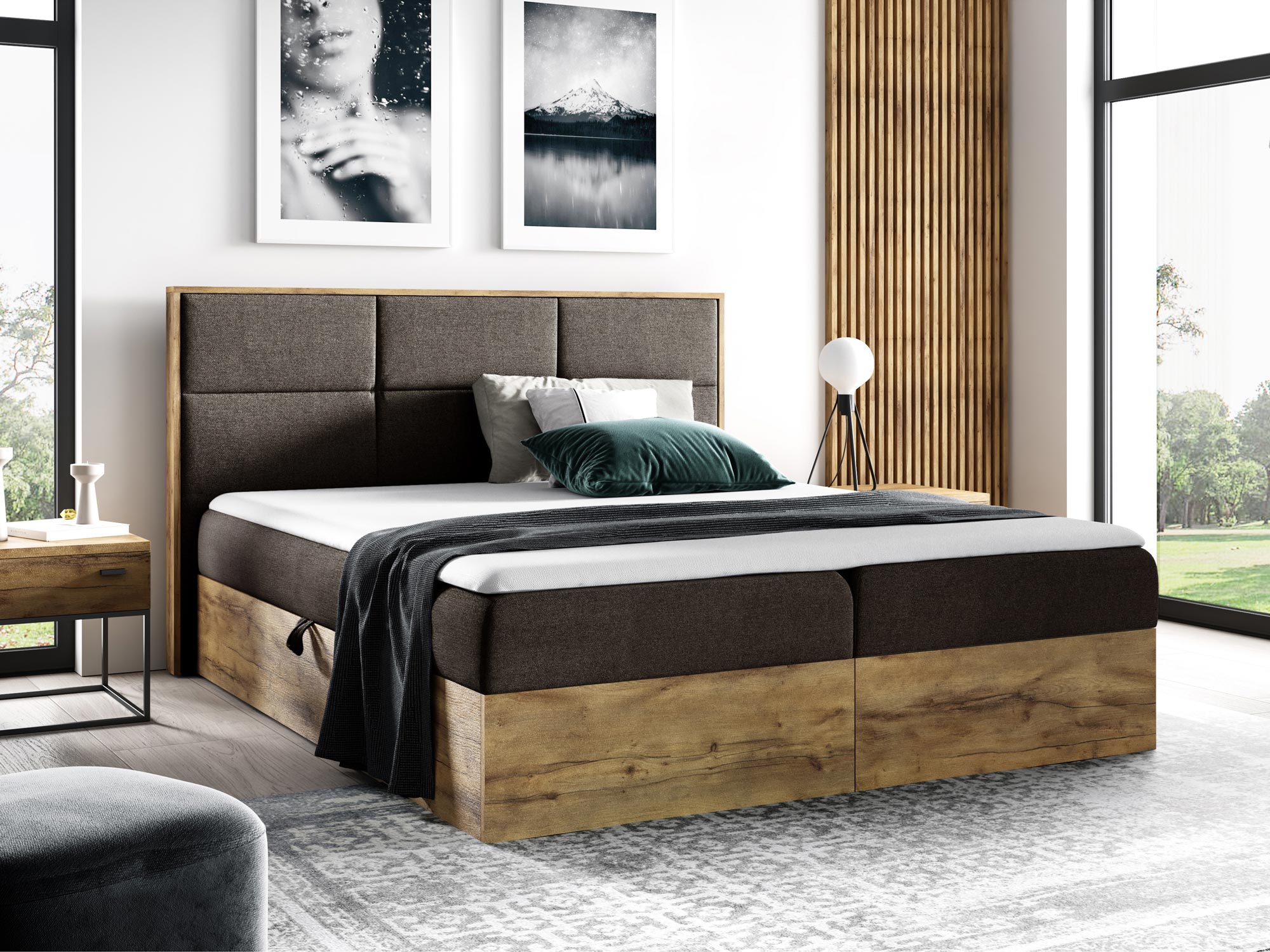 Stylowe łóżko tapicerowane z ozdobnym zagłówkiem i drewnianą podstawą Stylowe łóżko tapicerowane z ozdobnym zagłówkiem i drewnianą podstawą