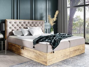 Miniaturka 7 - Łóżko dwuosobowe z eleganckim beżowym zagłówkiem i ramą z drewna