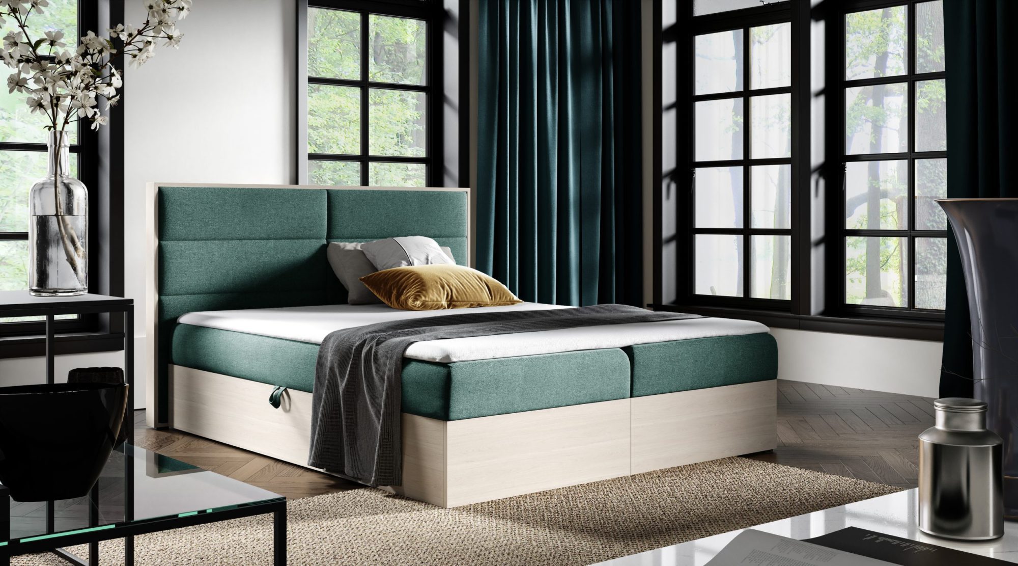 Zielone łóżko sypialniane z tapicerką i nowoczesną szufladą