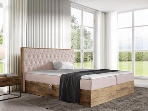 Miniaturka 5 - Różowe łóżko do eleganckiej sypialni z przeszyciami i naturalną ramą