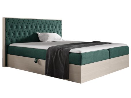 Zielone łóżko z miękkim zagłówkiem w stylu nowoczesnym do jasnej sypialni