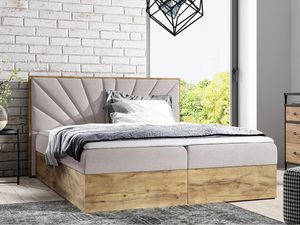 Miniaturka 7 - Beżowe łóżko tapicerowane z miękkim zagłówkiem i stylową ramą
