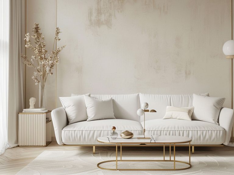 Minimalistyczny salon z białą sofą i złotym stolikiem, elegancki salon nowoczesny.