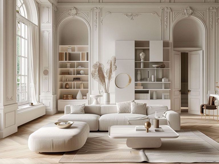 Nowoczesny salon w stylu skandynawskim z jasnymi sofami i minimalistycznym wystrojem, przestronny salon skandynawski.