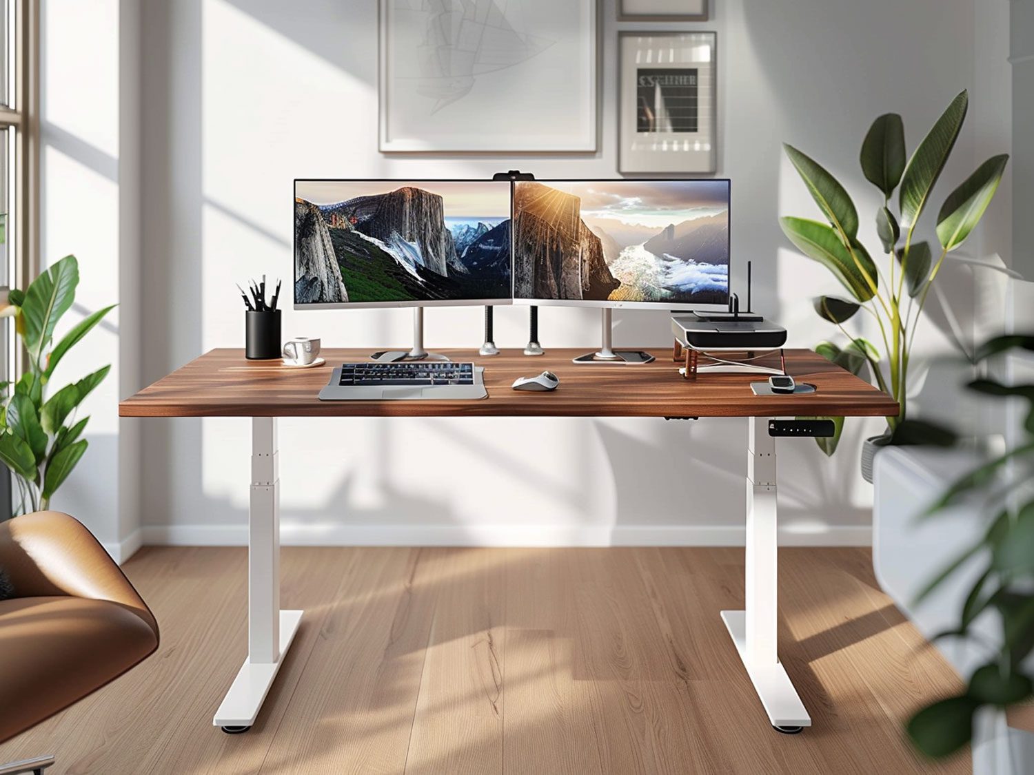 Nowoczesne biuro z podwójnym stanowiskiem i drewnianymi blatami, przestronne biuro nowoczesne. Nowoczesne biuro z podwójnym stanowiskiem i drewnianymi blatami, przestronne biuro nowoczesne.