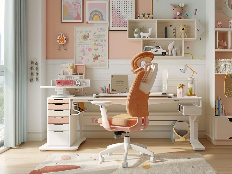 Pokój dziecięcy z białym biurkiem i różowymi dodatkami, przytulny pokój dziecięcy nowoczesny.