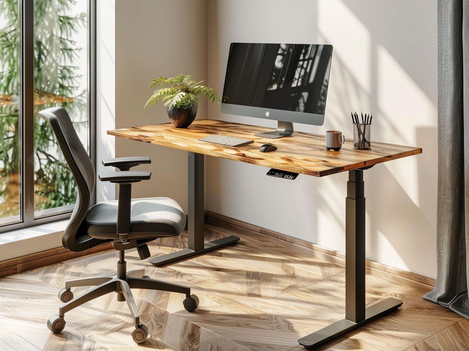 Nowoczesne biuro domowe z drewnianym biurkiem i ergonomicznym fotelem, funkcjonalne biuro nowoczesne.