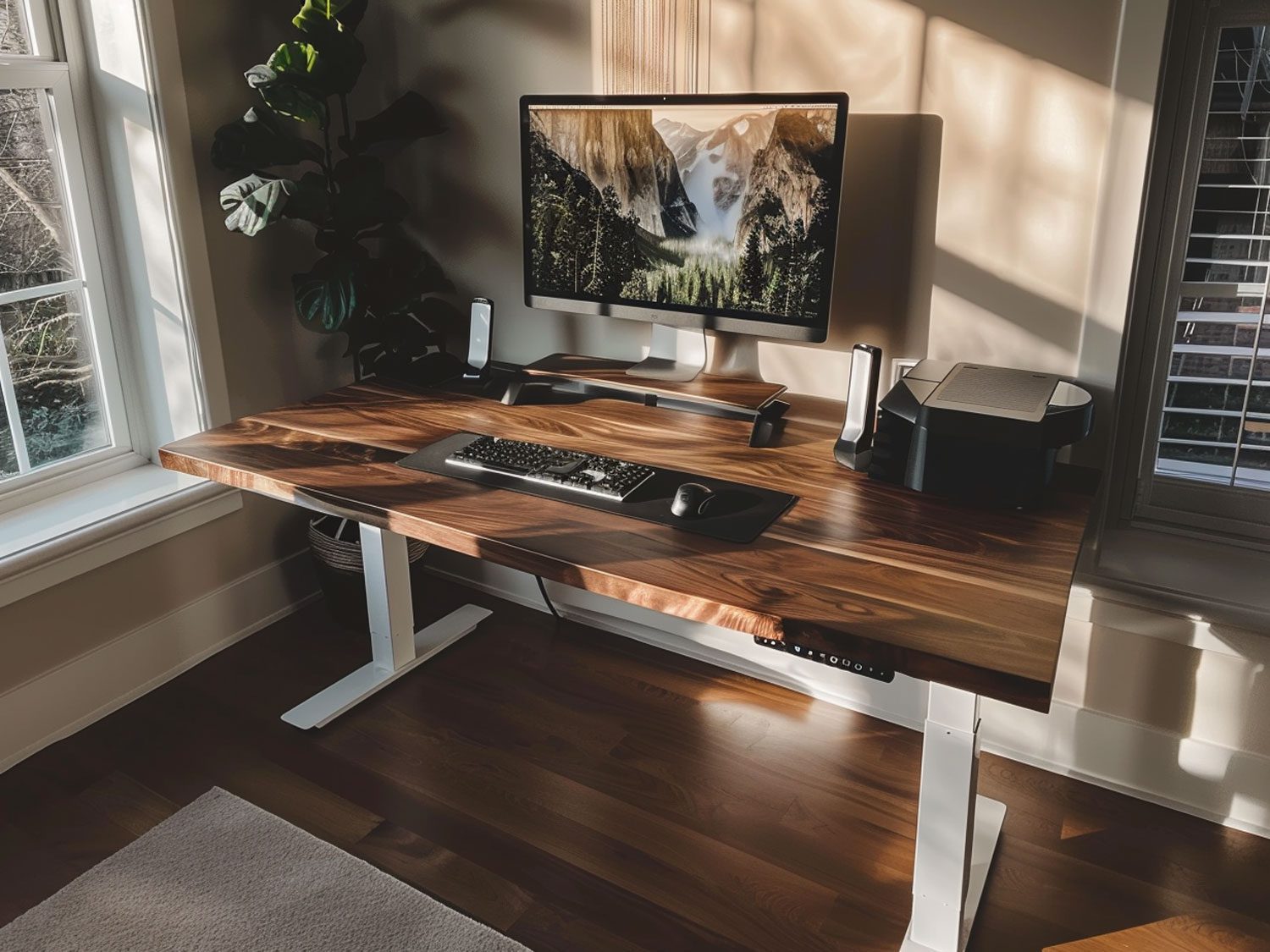 Moderní kancelář domowe s dřevěným biurkiem a dvojitým monitorem, funkcjonalne kancelář moderní.