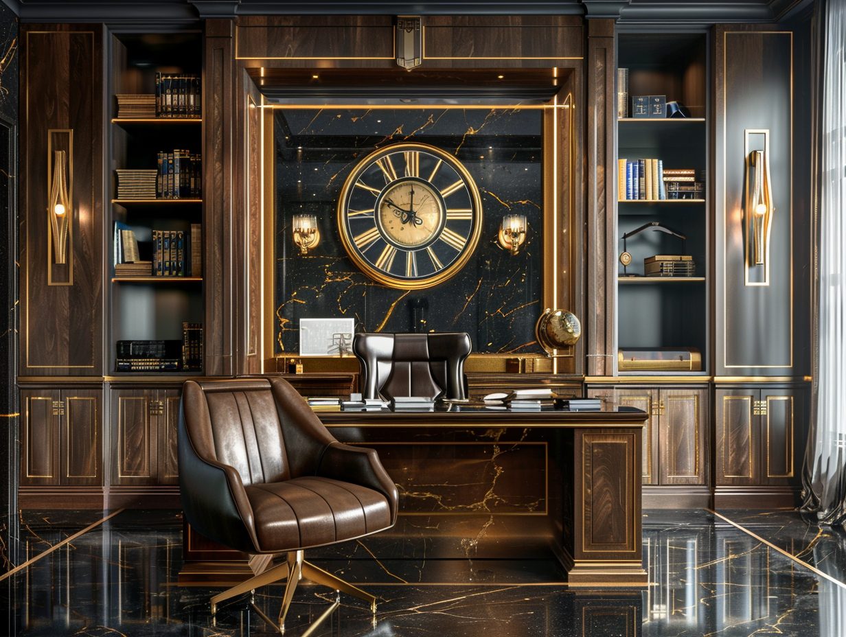 Eleganckie biuro glamour z ciemnym drewnem i dużym zegarem, luksusowe biuro glamour. Eleganckie biuro glamour z ciemnym drewnem i dużym zegarem, luksusowe biuro glamour.