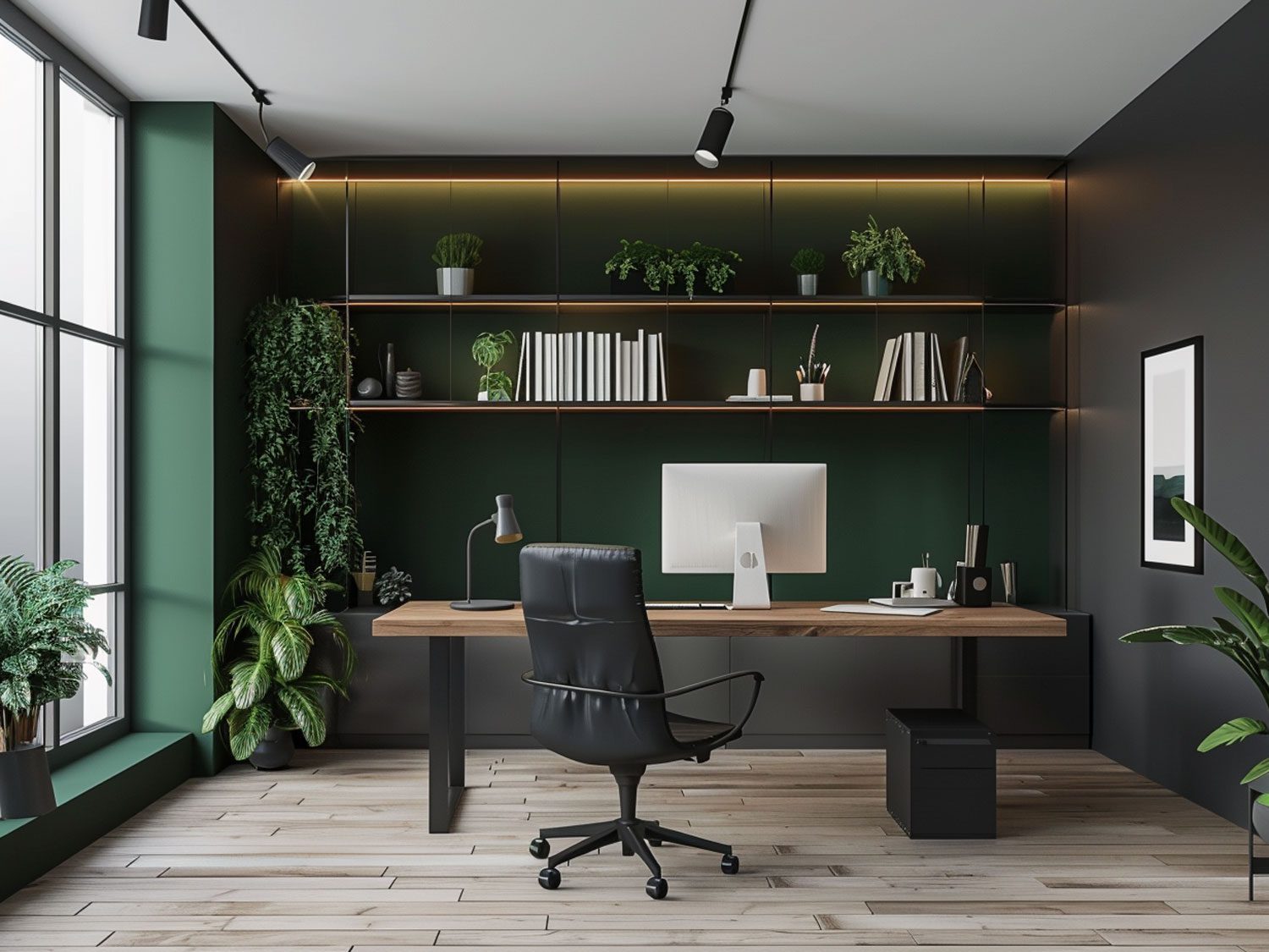 Nowoczesne biuro domowe z zieloną ścianą i czarnym biurkiem, eleganckie biuro nowoczesne.