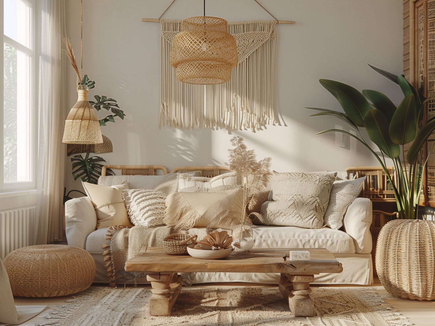 Rustykalny salon z biala sofa a dřevěným stolekiem, cieply salon rustykalny.