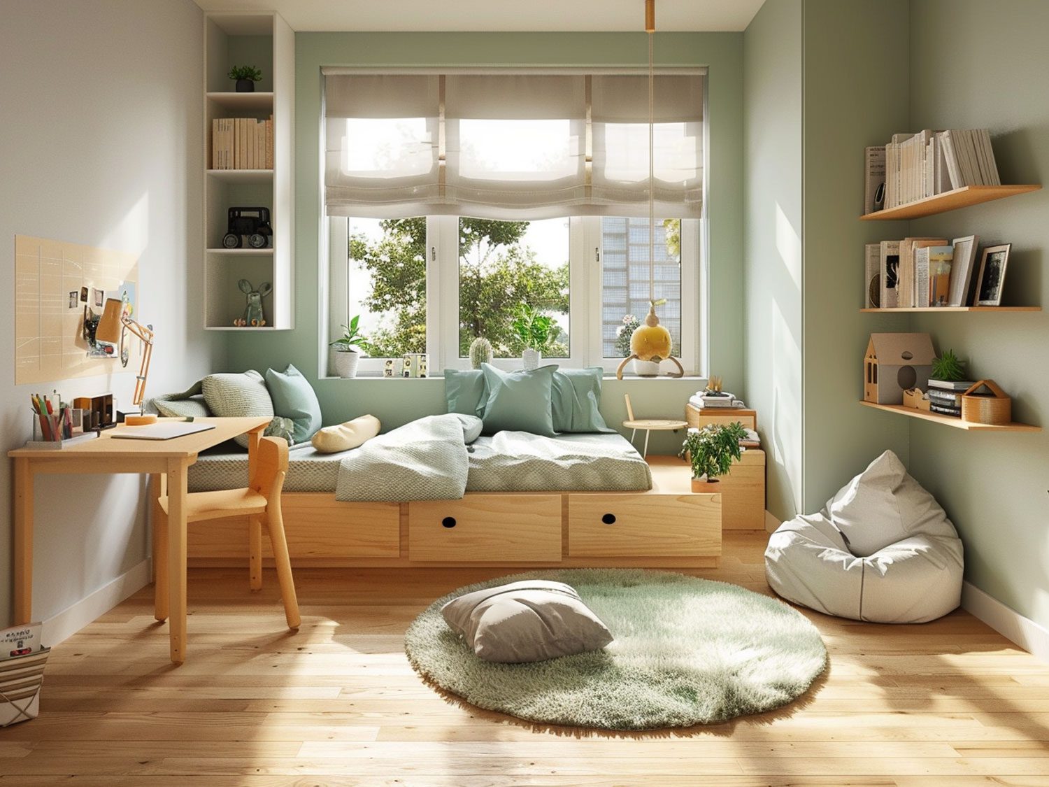 Przytulny pokój dziecięcy z zielonymi akcentami i drewnianym stolikiem, skandynawski pokój dziecięcy Przytulny pokój dziecięcy z zielonymi akcentami i drewnianym stolikiem, skandynawski pokój dziecięcy