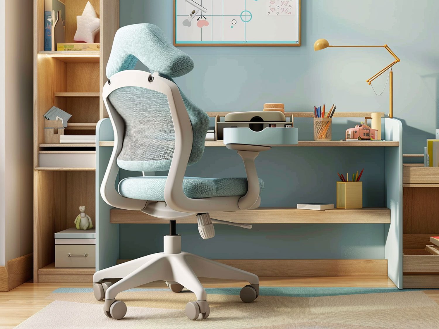 Nowoczesne biurko dziecięce z ergonomicznym krzesłem w niebieskim kolorze, funkcjonalne biuro dziecięce. Nowoczesne biurko dziecięce z ergonomicznym krzesłem w niebieskim kolorze, funkcjonalne biuro dziecięce.