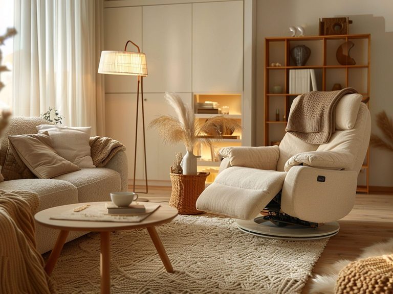 Przytulny salon z dużym rozkładanym fotelem i miękkimi kocami, komfortowy salon rustykalny.