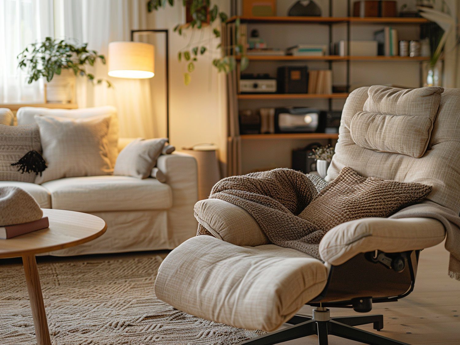 Salon z dużym rozkładanym fotelem i miękkimi kocami, komfortowy salon rustykalny.