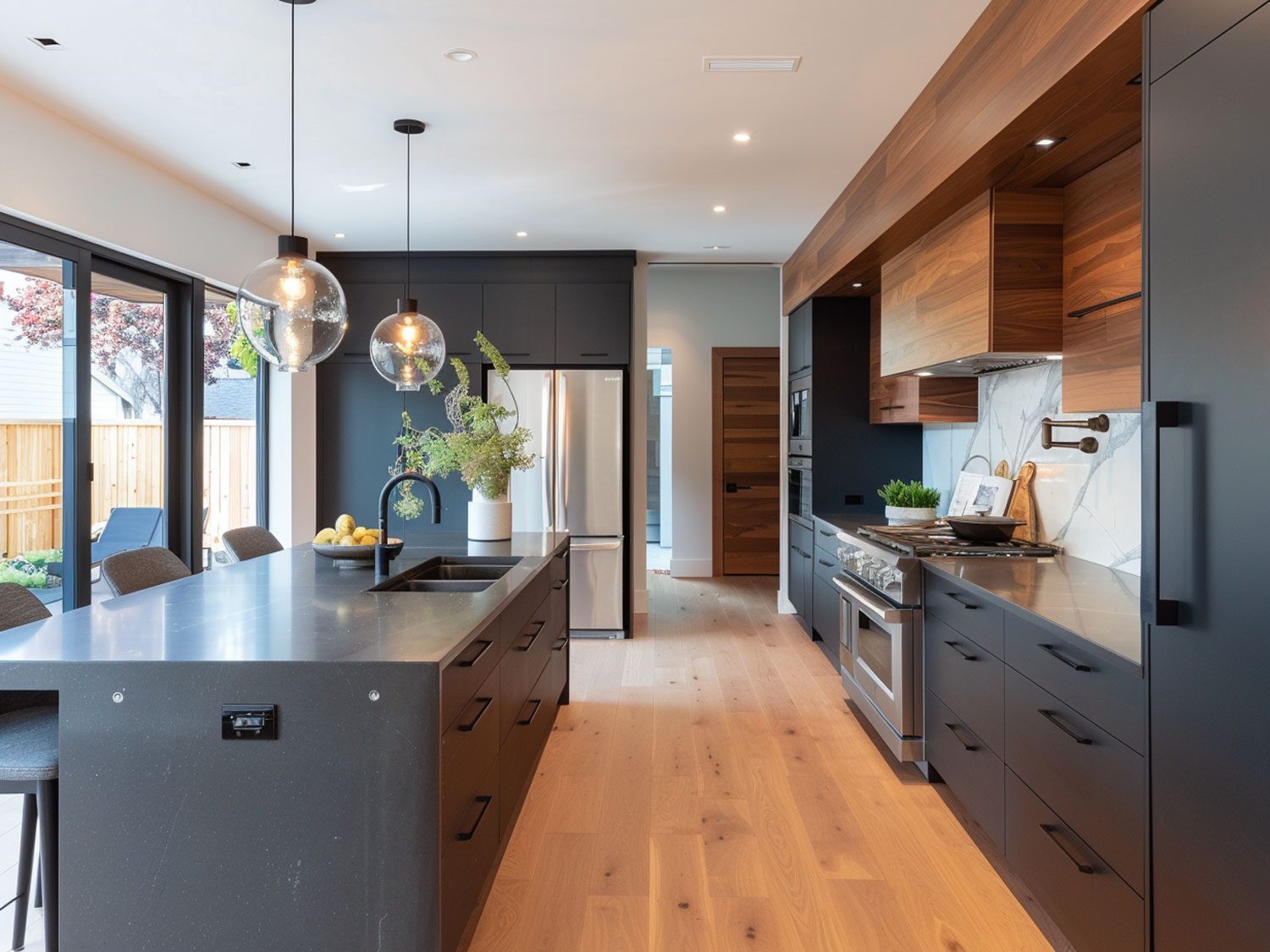 Nowoczesna kuchnia z wyspą i marmurowym blatem, minimalistyczna kuchnia nowoczesna. Nowoczesna kuchnia z wyspą i marmurowym blatem, minimalistyczna kuchnia nowoczesna.