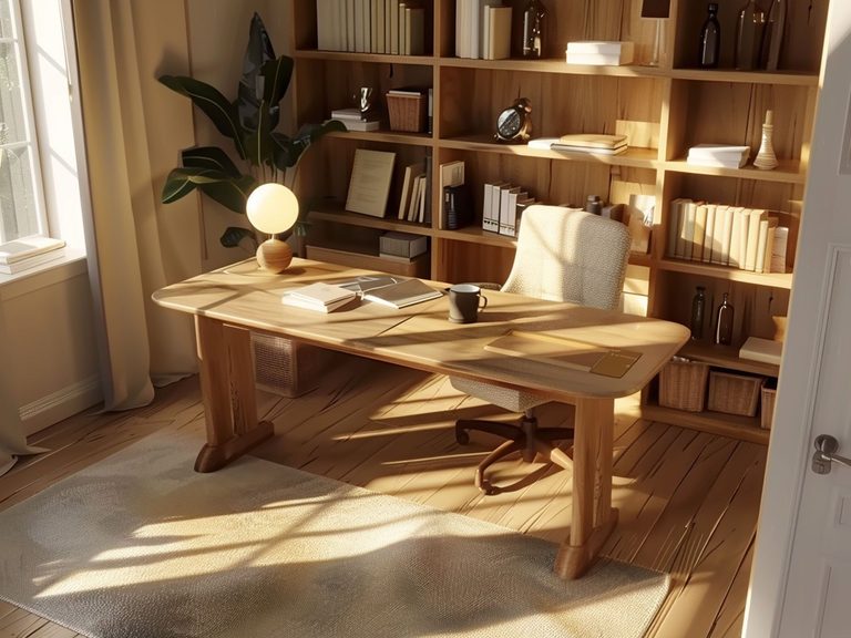Domowe biuro w stylu rustykalnym z drewnianym biurkiem i regałem, przytulne biuro rustykalne.