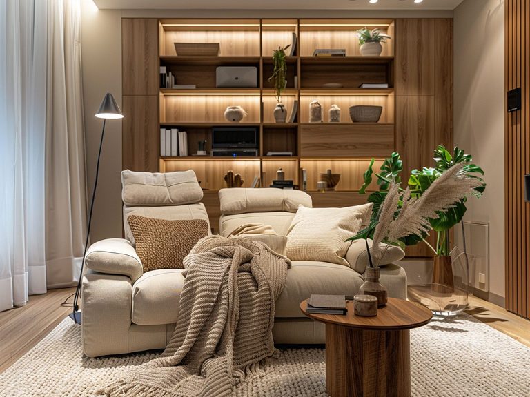 Przytulny salon z beżową sofą i drewnianymi półkami, ciepły salon nowoczesny.